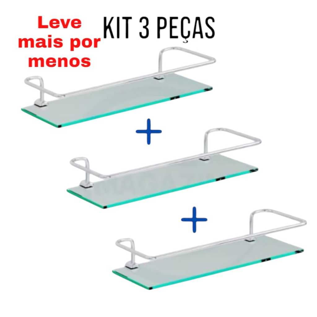 Porta Shampoo Para Banheiro E Lavabo Reto Cromado Base De Vidro Incolor Kit Com 3 Unidades Organizador De Box