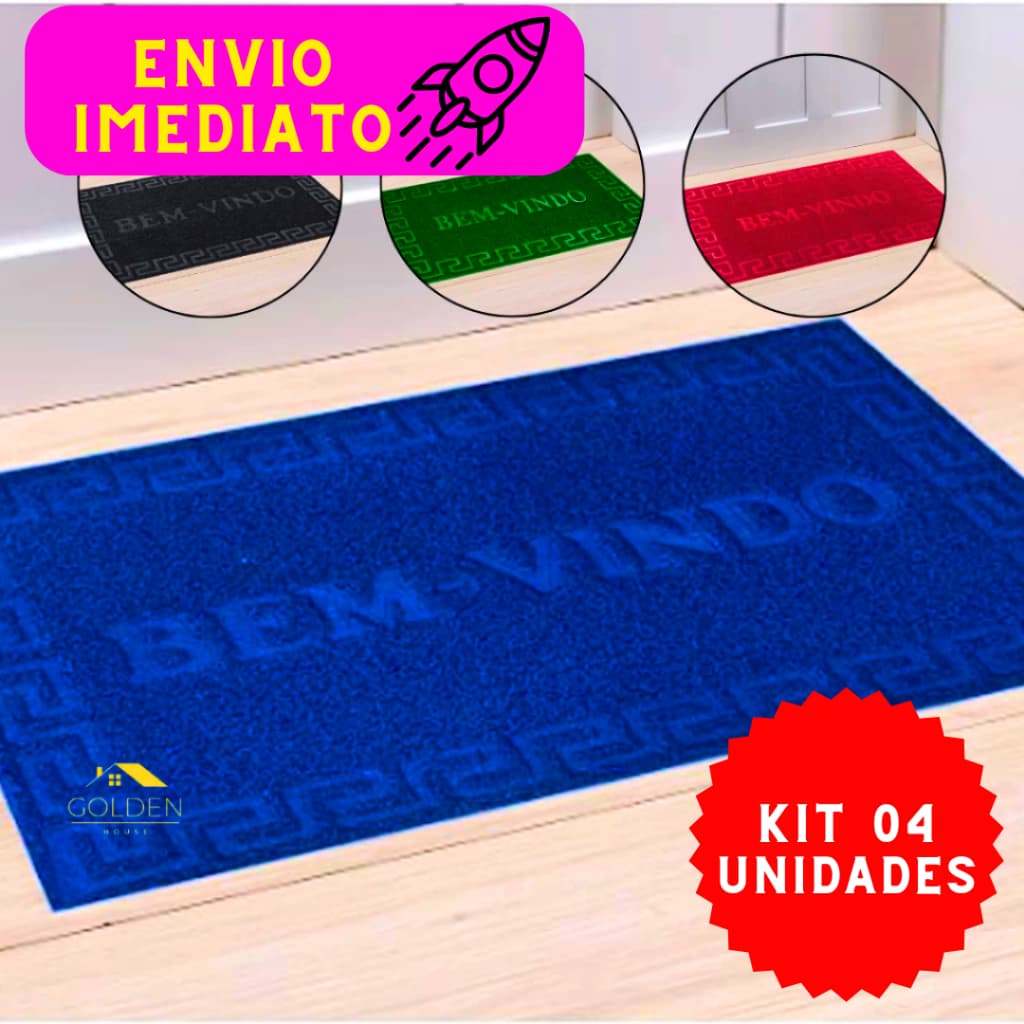 Kit 04 Tapete Bem Vindos CORES SORTIDAS de Alta Qualidade 58 Cm Fundo Antiderrapante Cores Variadas