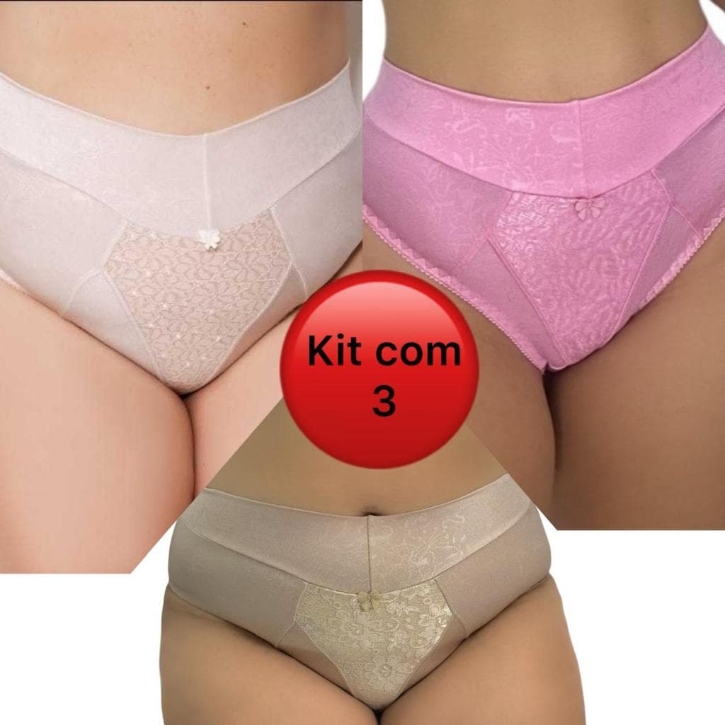 Kit com 3 Calçolas Calcinha Tangão Cintura Alta Lycra Rosset Rossete Cós Alto