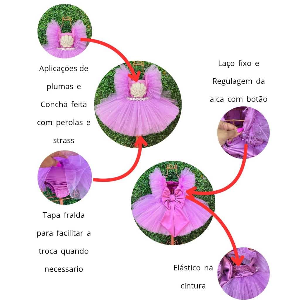 Vestido Pequena sereia fundo do mar tutu com aplicação de concha festa infantil mini diva festa luxo