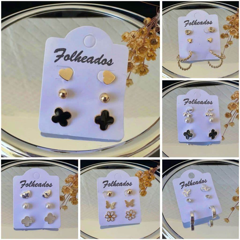 Kit 6 Pares de Brincos Trio Folheado Prata 925 e Ouro 18k