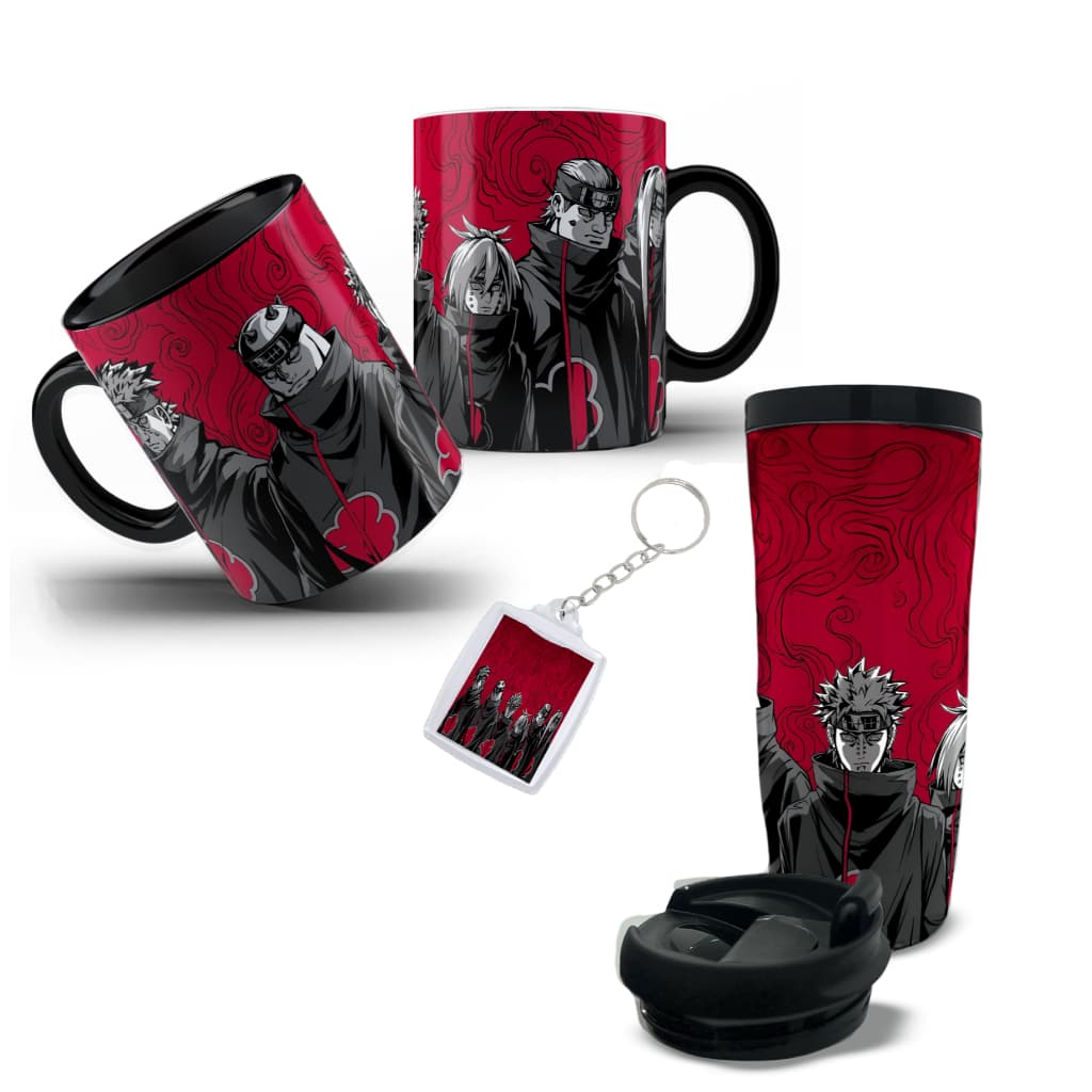 Kit Akatsuki com Caneca, Copo e Chaveiro Naruto