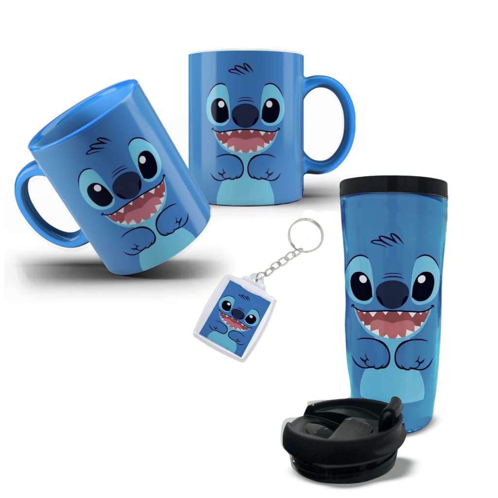 Kit Stich com Caneca Azul, Copo e Chaveiro