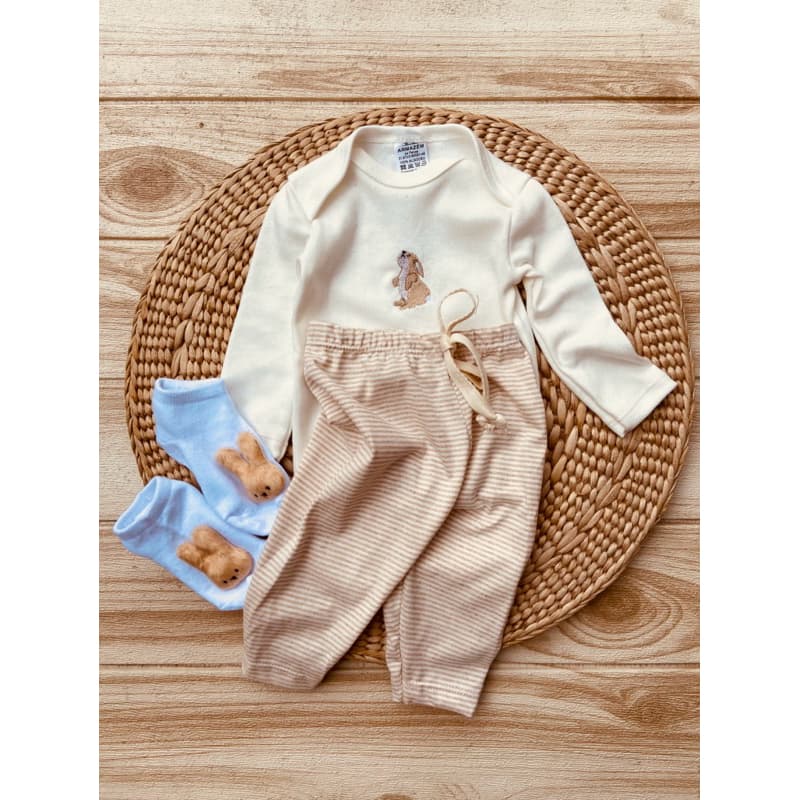 Conjunto bebê boho combo body mijão meia bichinhos kit
