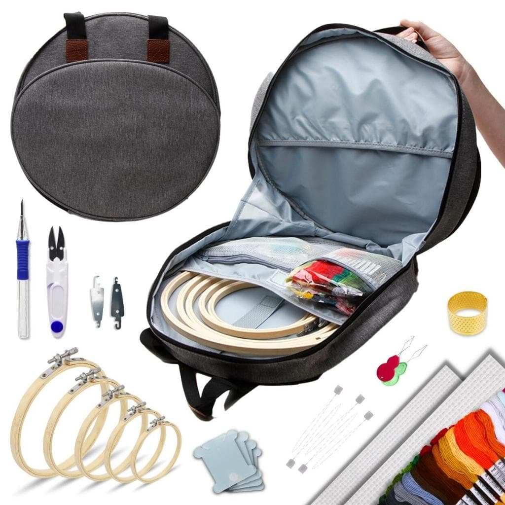 Kit Bordado Premium com Mochila Portátil Bastidores Linhas Tesoura e Organizado e Profissional - SH