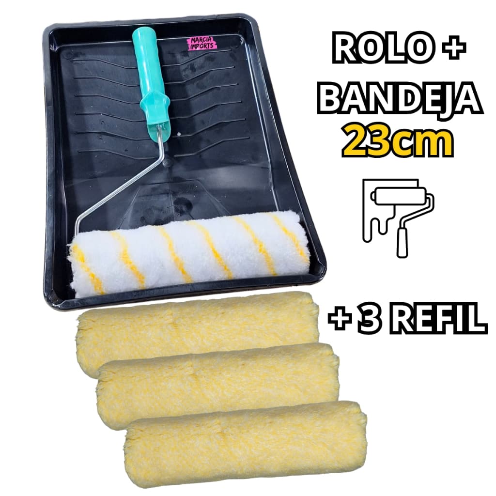 Jogo Completo de Pintura – Rolo 23cm + Bandeja e 1, 2 ou 3 Refil de Rolo