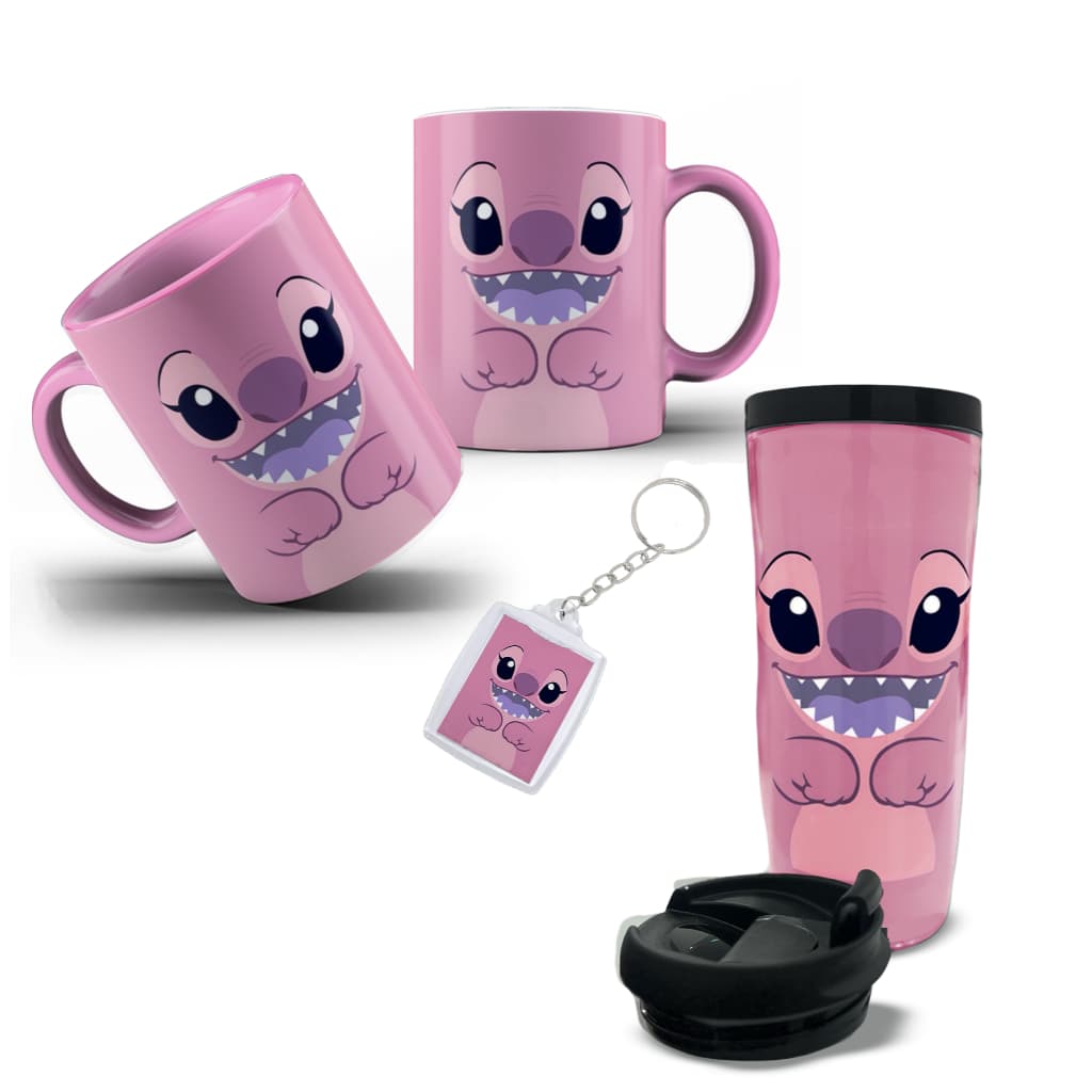 Kit Angel com Caneca, Copo e Chaveiro Stich Rosa