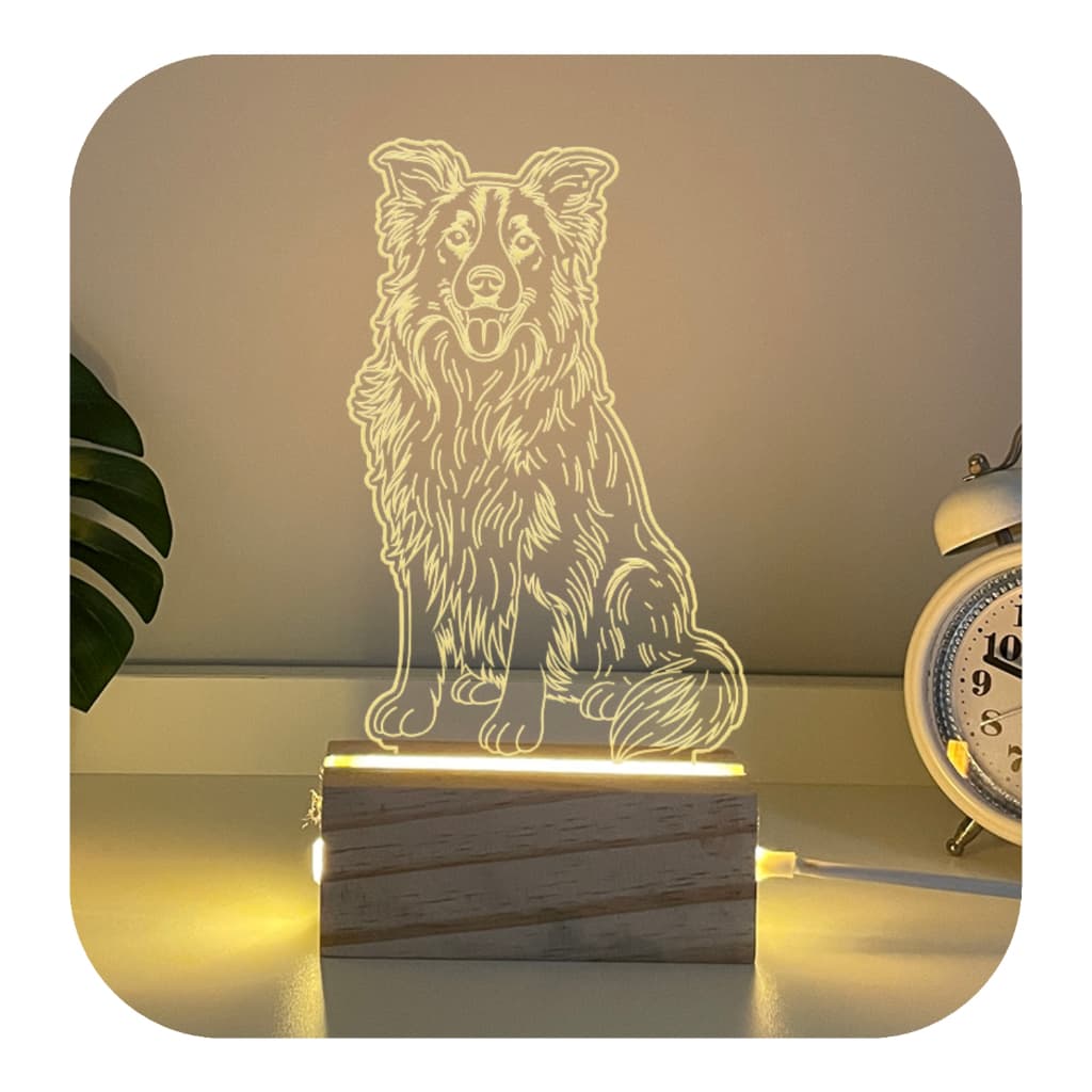 Luminária de Mesa Cachorro Border Collie Em Madeira Luz Acrílico Luxo Quarto Decorativo