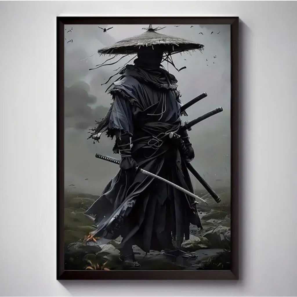 Quadro Placa Decorativa Samurai Oriental Tons Escuros Sala Hall Quarto 20x30