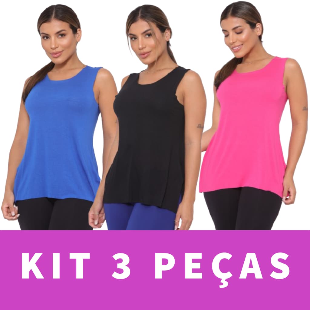 Kit 3 Regatas Bata Feminina Tapabumbum Fitness Academia Viscolycra