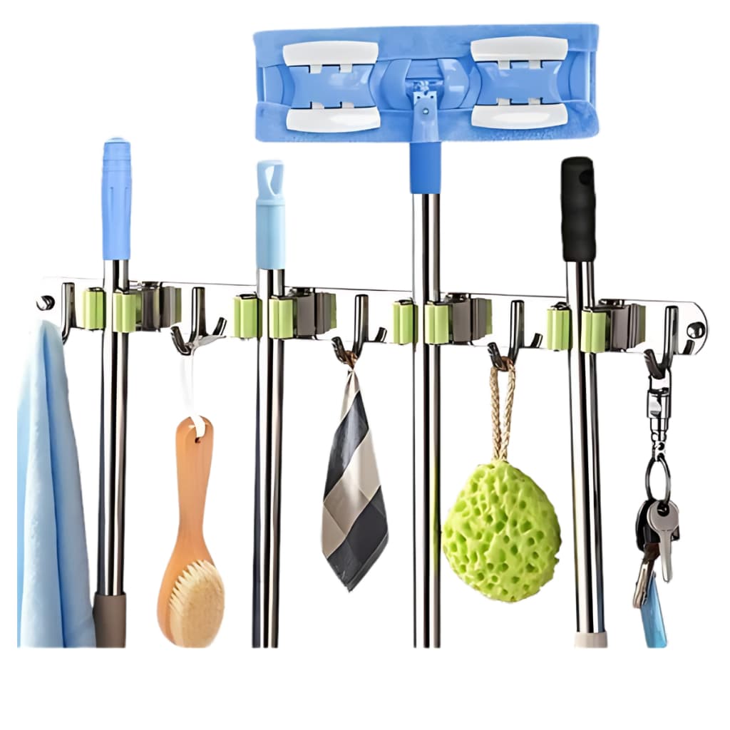 Suporte Inox De Parede Ganchos Acessórios Porta Vassoura Mop Rodo Pendurador de Utensílios Limpeza