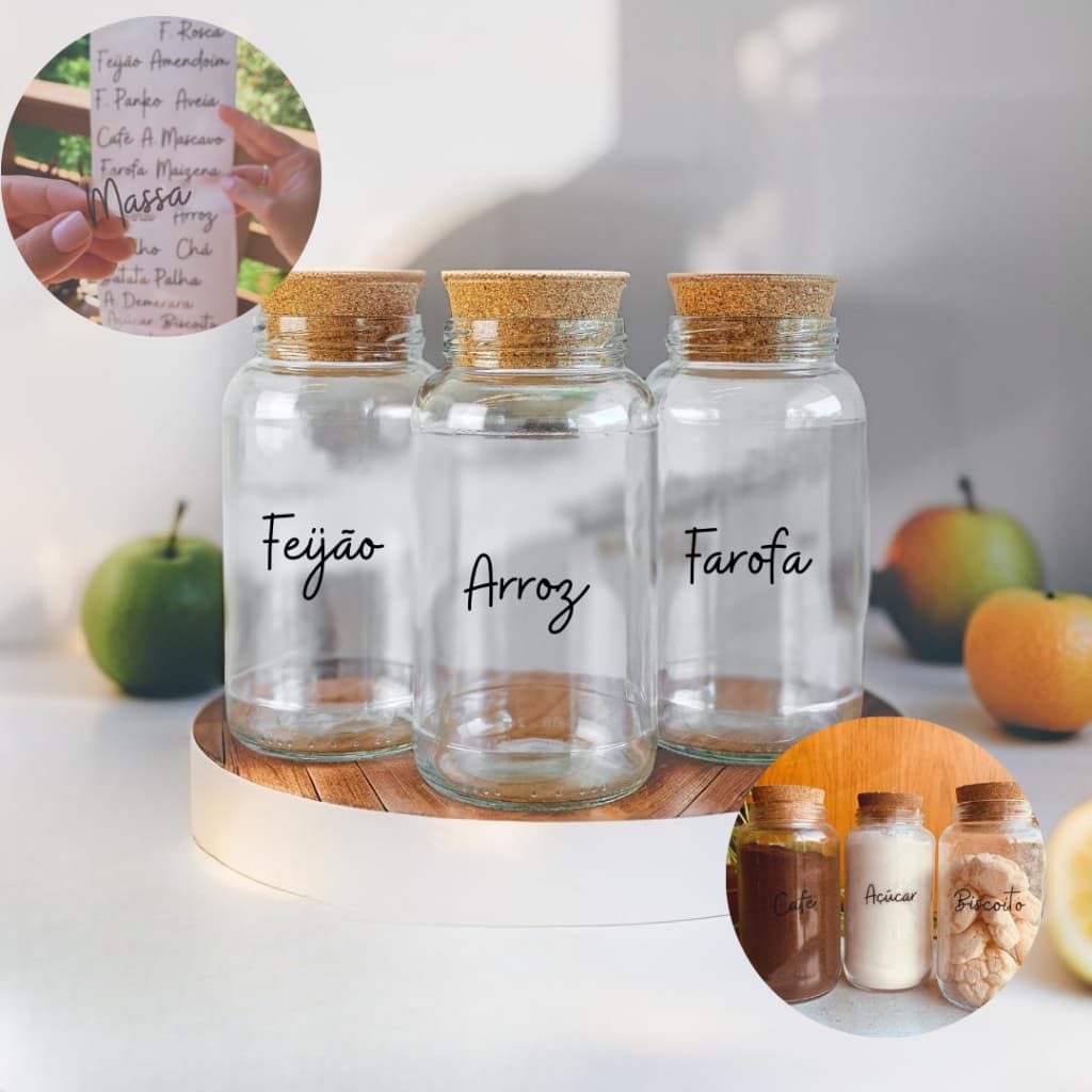 Kit 6 Potes de Vidro + 39 Etiquetas Adesivas Mantimentos Porta Mantimento Organizador Cozinha com Tampa Rolha Hermético