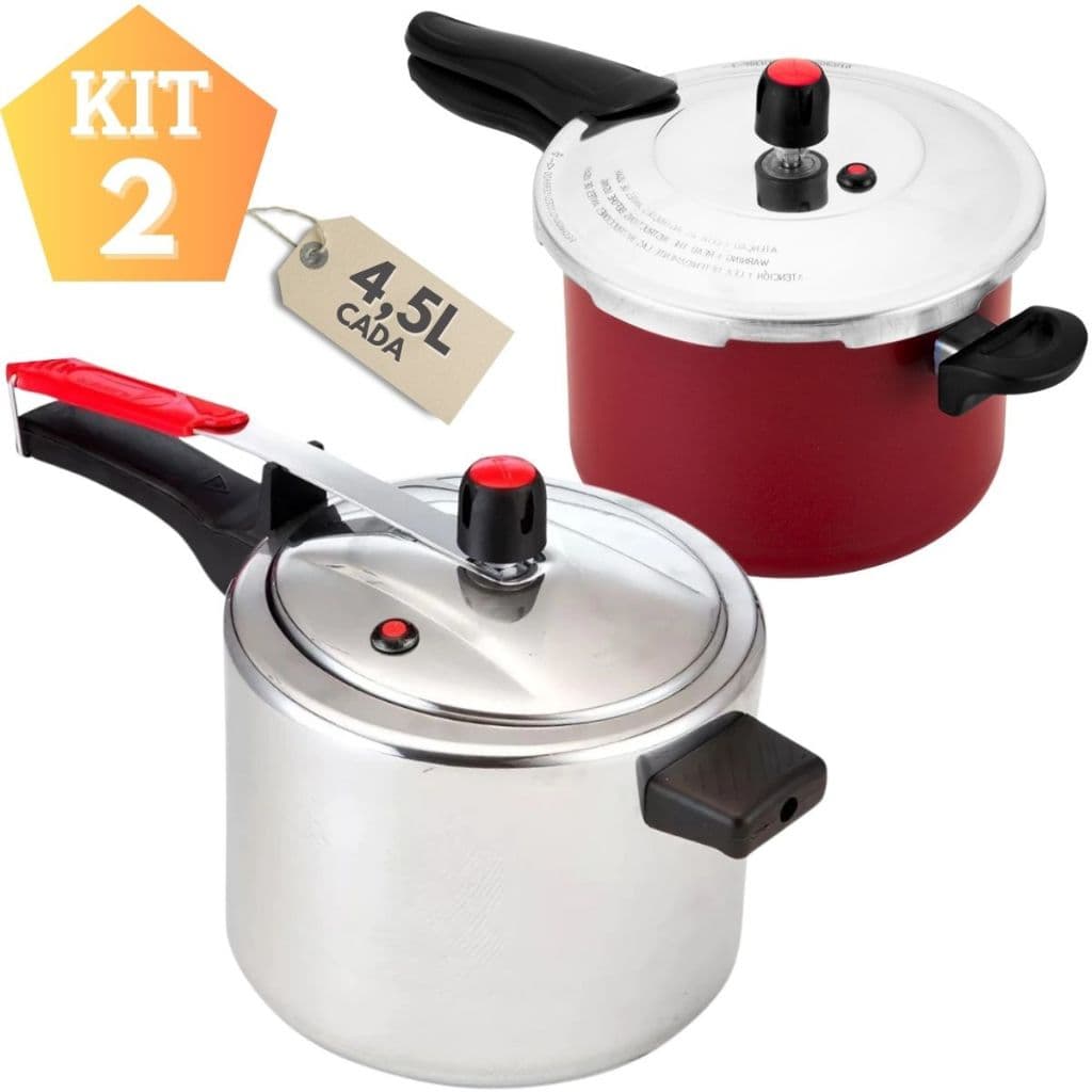 Kit 2 Panelas De Pressão Grande 4,5 Litros Antiaderente Teflon Vermelha + Panela Polida Selo Inmetro