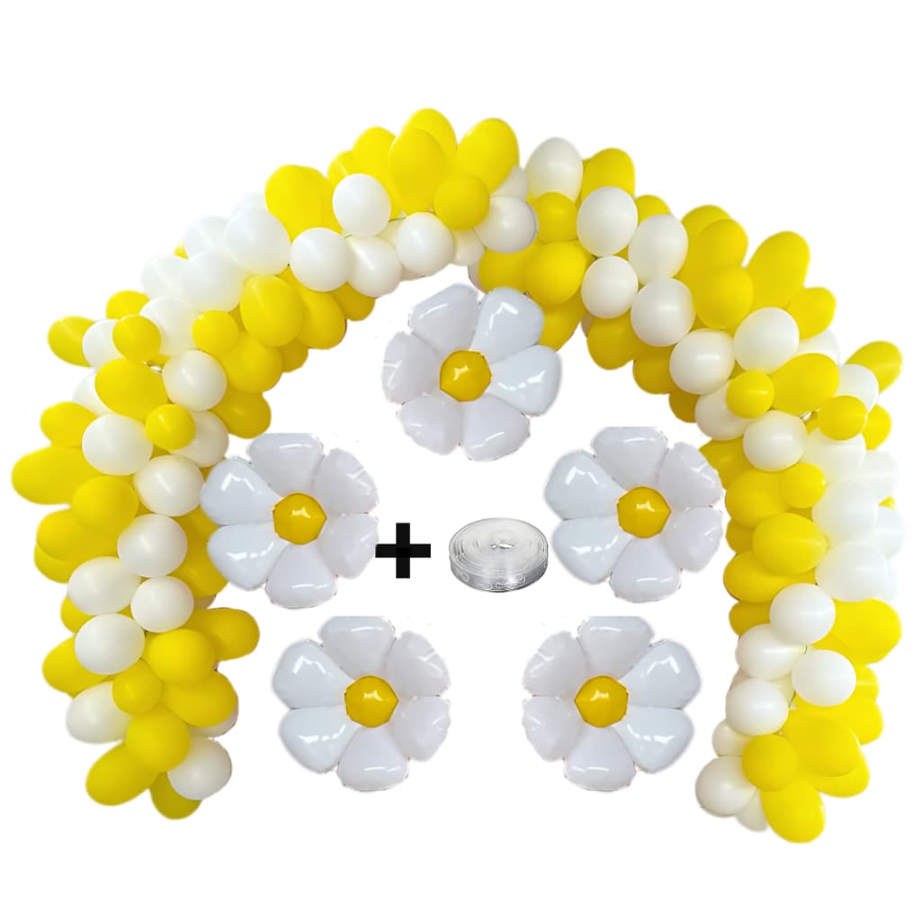 kit festa decoração 100 balões bexigas primavera margarida branco e amarelo + 5 flores margarida