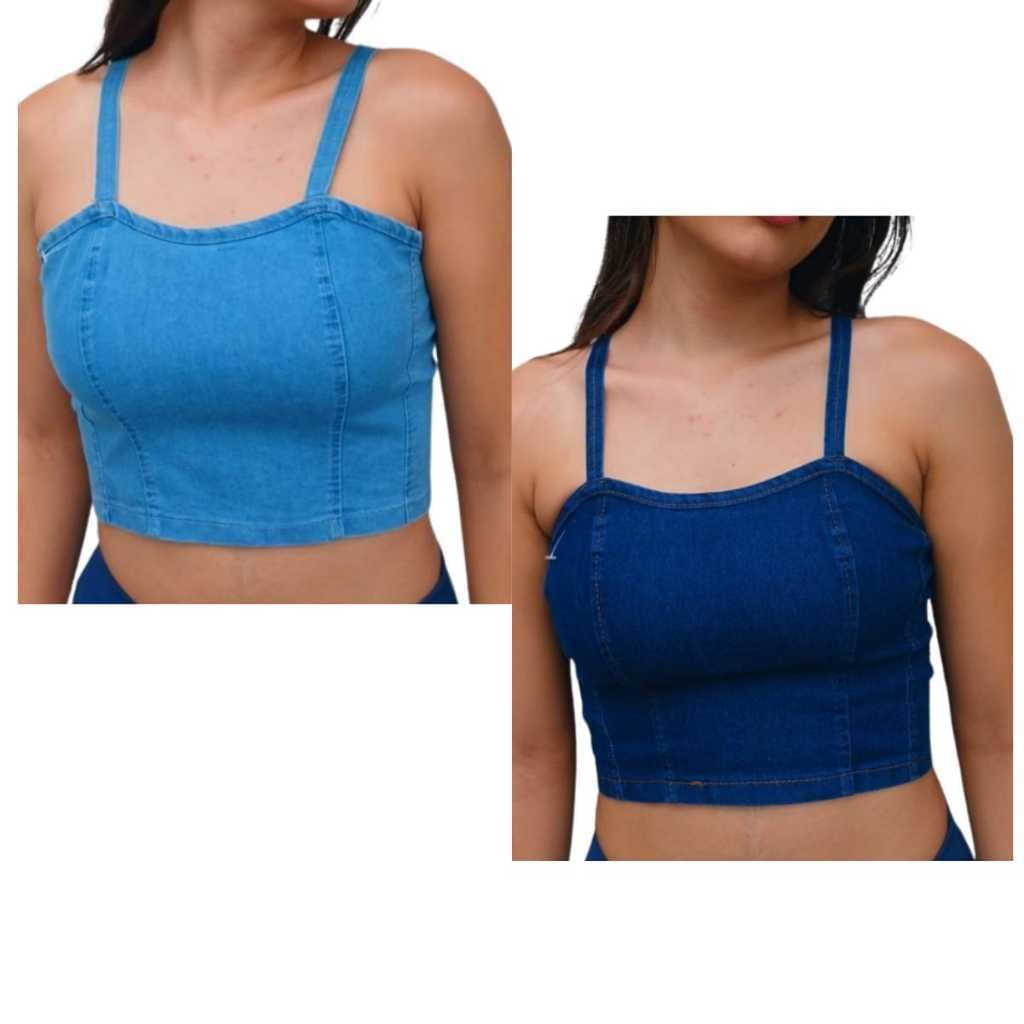 Cropped Jeans Feminino Alça Fina Top Estilo Tumblr Moda Casual Básico Estiloso confortável Elastano