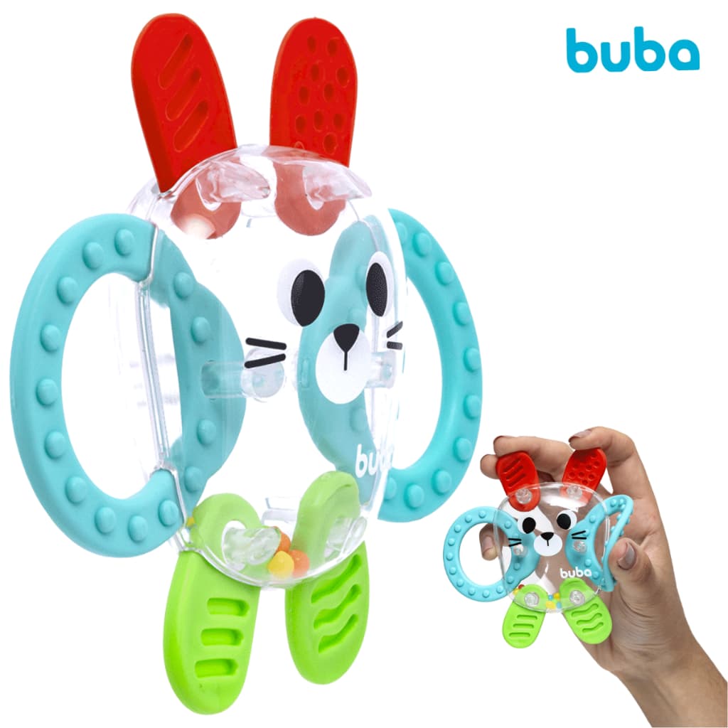 Chocalho e Mordedor Para Bebê 2 em 1 Buba Coelhinho Multi Texturas Cores Vibrantes Sensorial