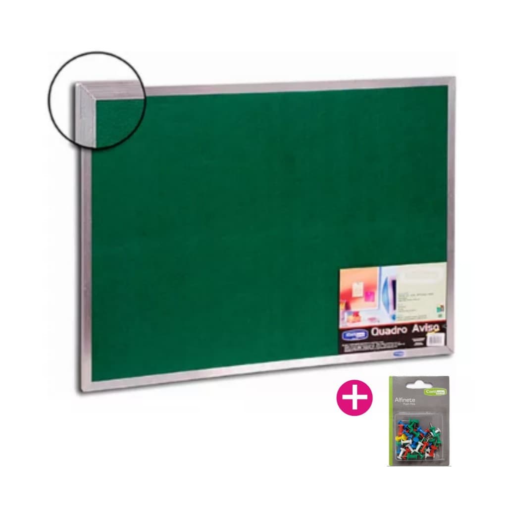 Quadro Aviso Feltro Verde 90x60cm Moldura Alumínio + 30 Alfinetes
