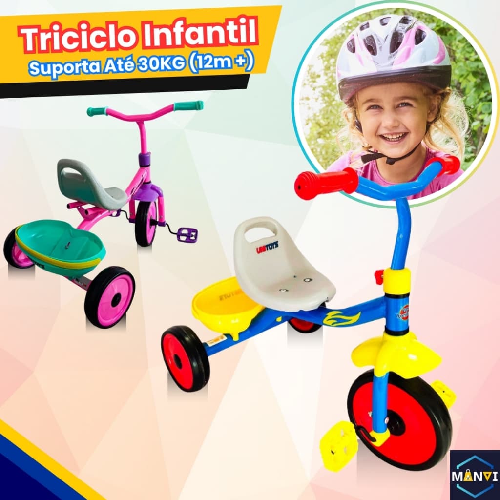 Triciclo Infantil Velotrol com Pedal Cestinha Assento Confortável Até 30kg Resistente Menino Menina