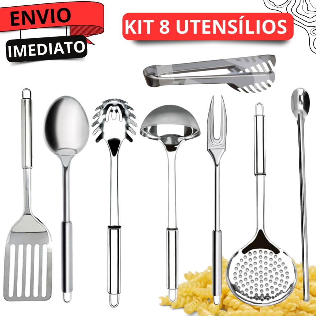 Jogo de 8 Peças - Para Cozinha Concha Pegador de Massas Colher Garfo e Escumadeira Espátula