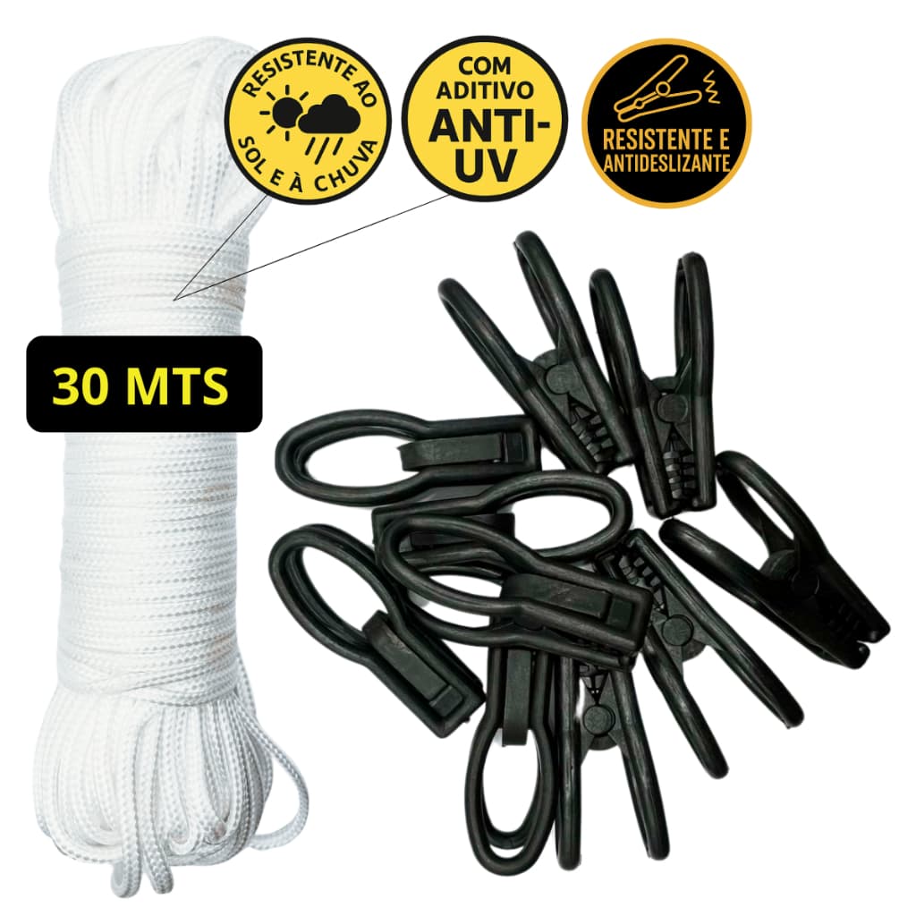 Varal Trançado 30 Metros Aditivo Anti UV + 10 Pregadores Antideslizantes Resistentes