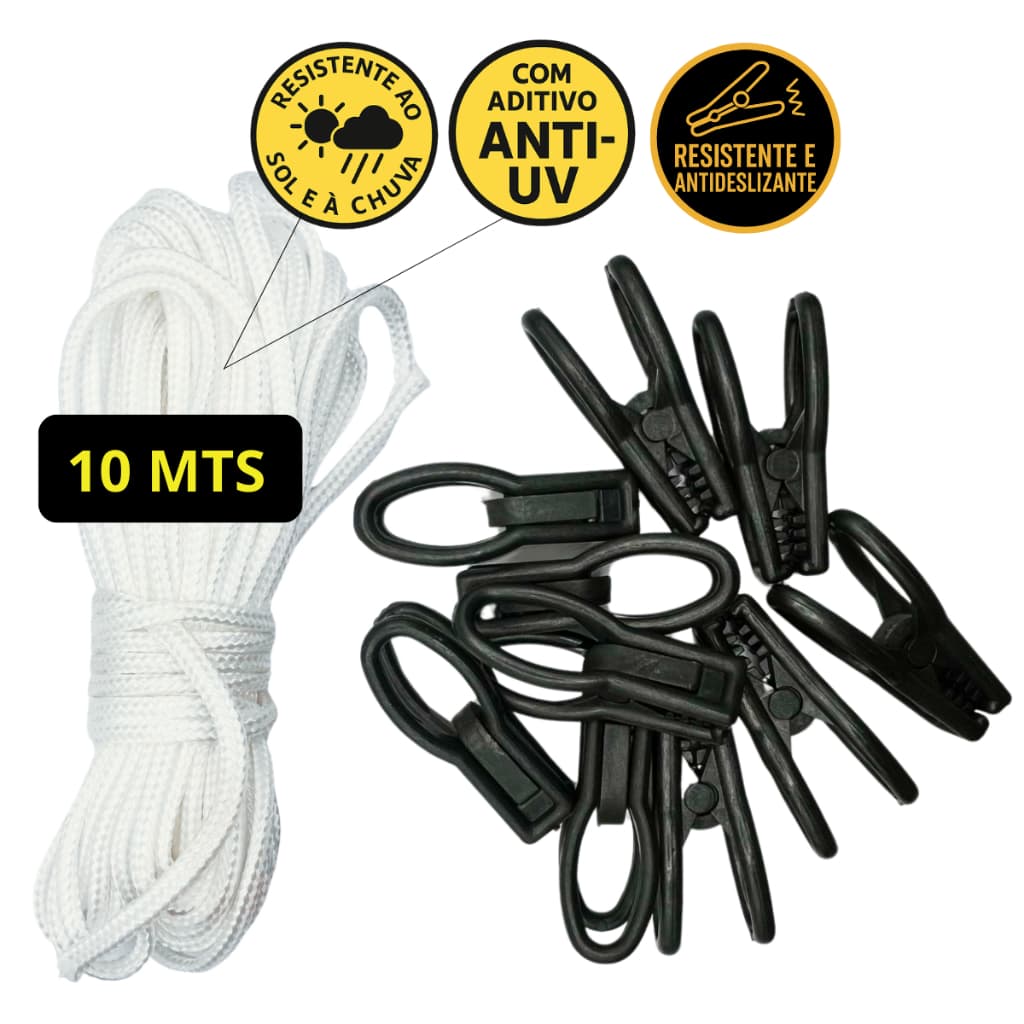 Varal Trançado 10 Metros Aditivo Anti UV + 10 Pregadores Antideslizantes Resistentes