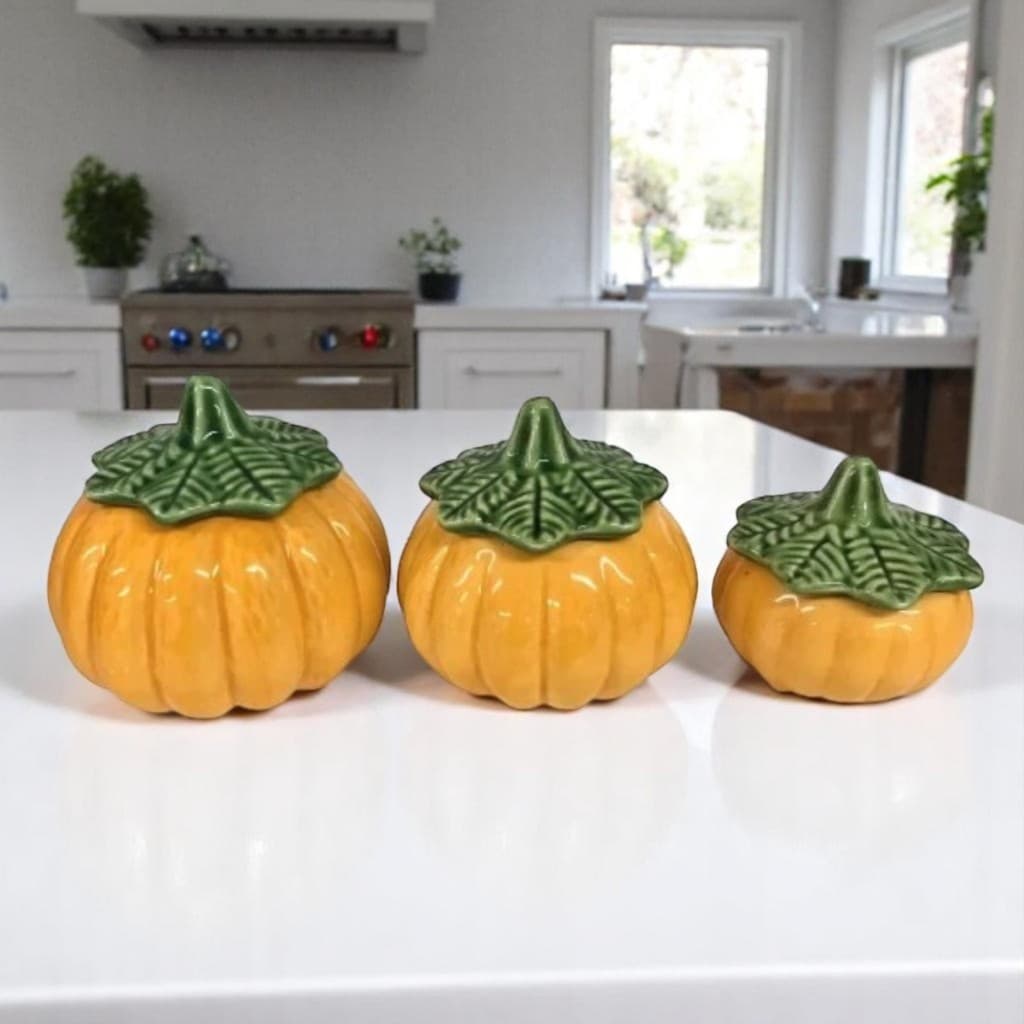 Trio Moranguinhas Mini Abóboras Amarelas Porta temperos Decoração em Cerâmica com Tampa