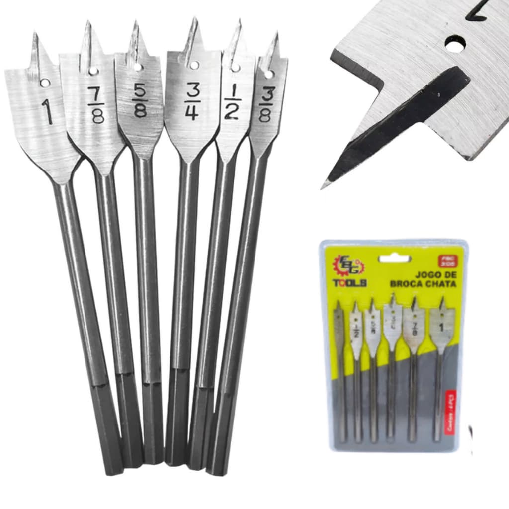 Kit Brocas Chatas Madeira 6 Peças para MDF Marcenaria Corte Rápido Alta Durabilidade