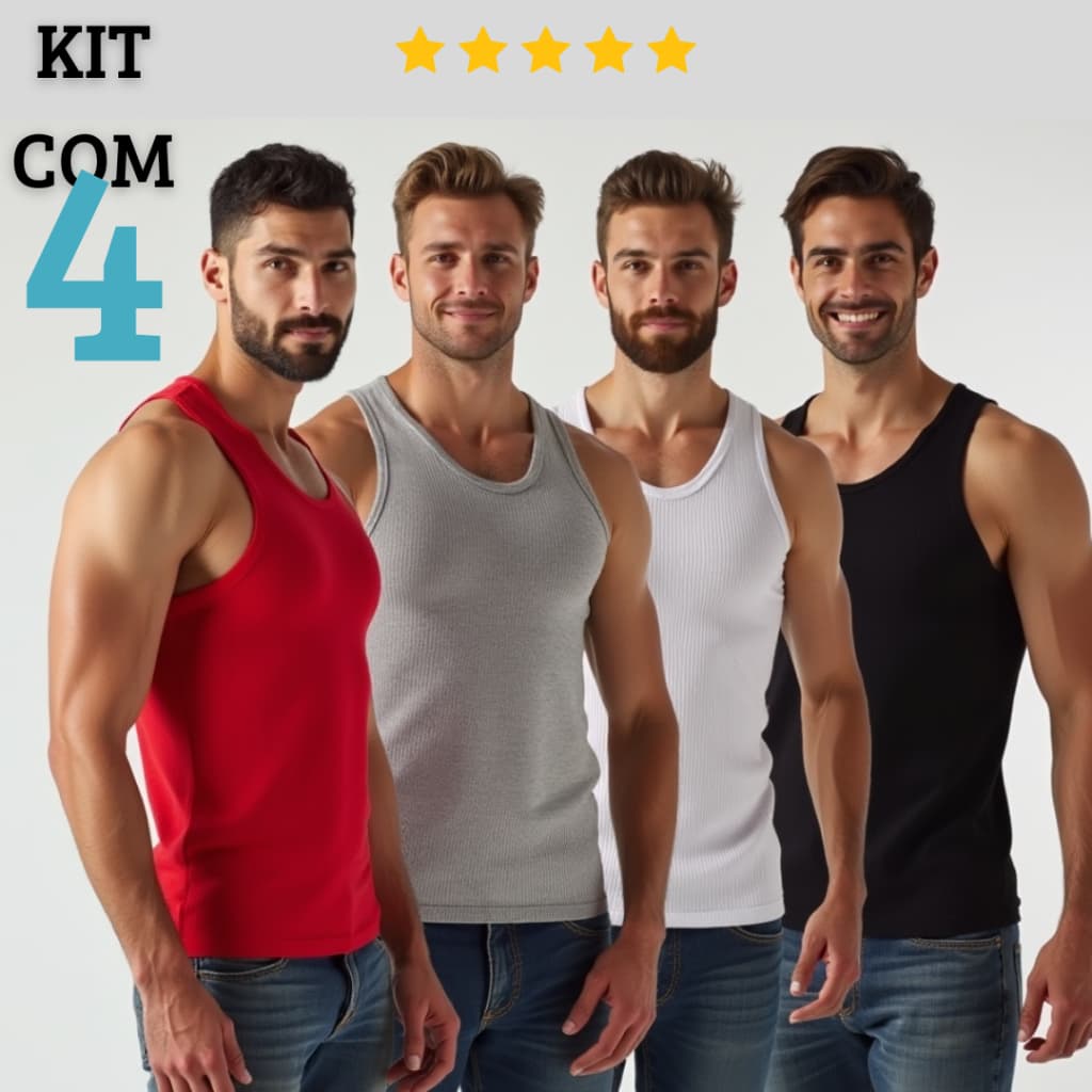 Kit com 4 Regata Masculina Americana Justa Canelada Algodão Elastano Ribana Gringa