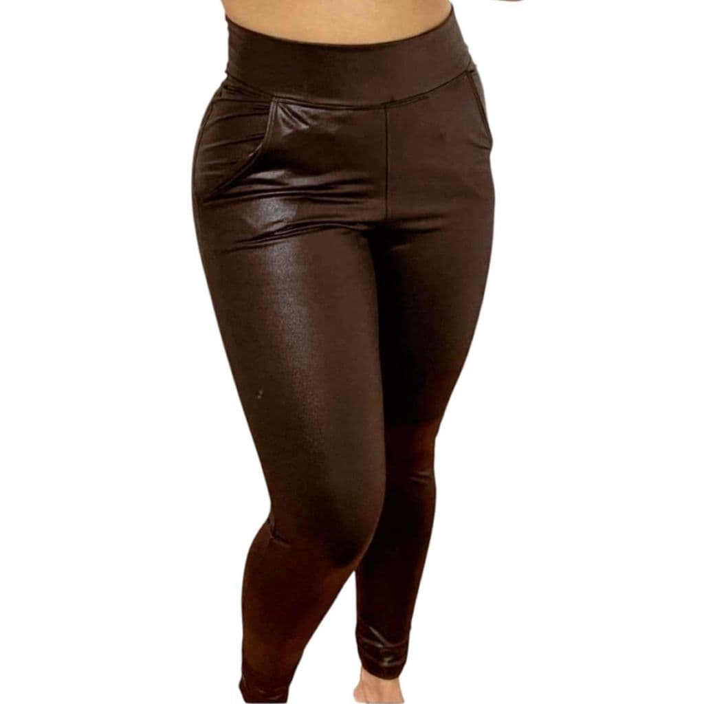 Calça Legging Cintura Alta Cirre Couro Fake Bolsos Skinny Moda Feminina