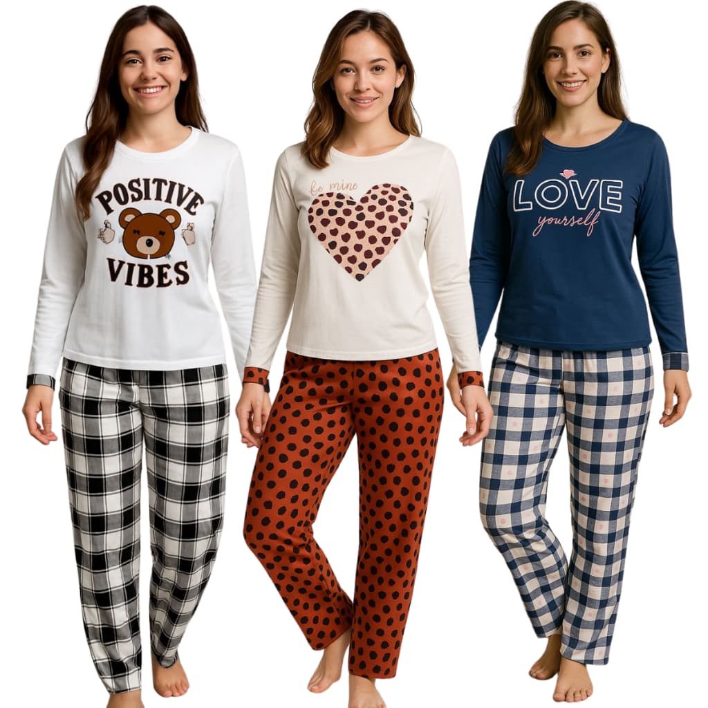 Kit 3 Pijamas Longo Feminino Malha Adulto Manga Comprida Frio