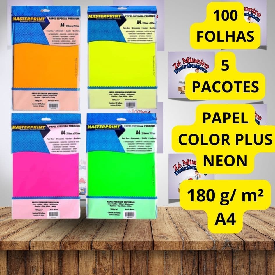 Papel Neon 180g A4 Masterprint Offset Artesanato Criativo Colorplus Cores Variadas