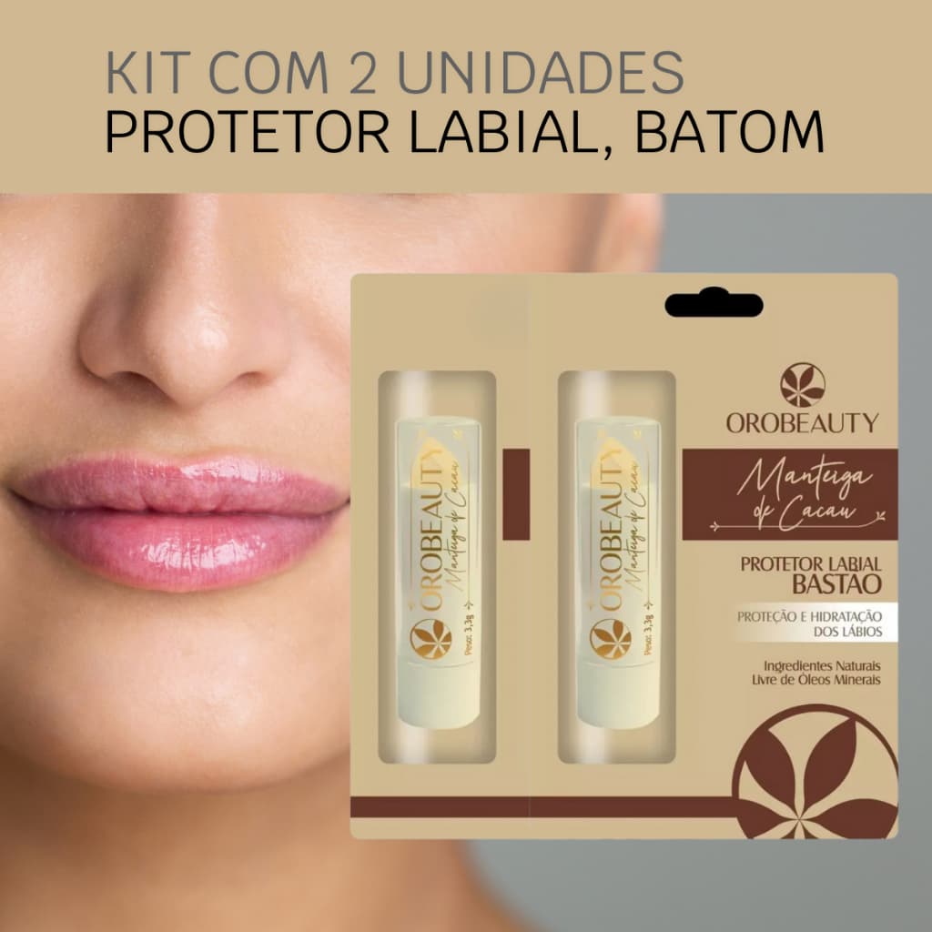Kit 2 unidades de Manteiga de Cacau Batom Protetor Hidratante Labial Orobeauty