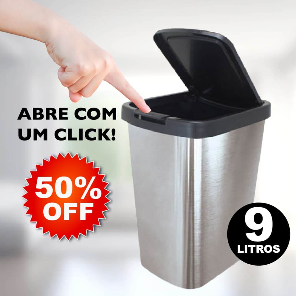 Lixeira Cesto de Lixo 9 Litros Com Tampa Click Para Banheiro e Cozinha - Plástico Metalizado (Inox)