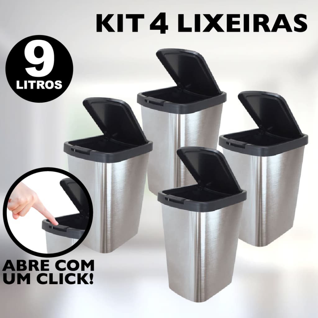 Kit 4 Lixeiras Cesto de Lixo 9 Litros Com Tampa Click Para Banheiro e Cozinha - Plástico Metalizado (Inox)