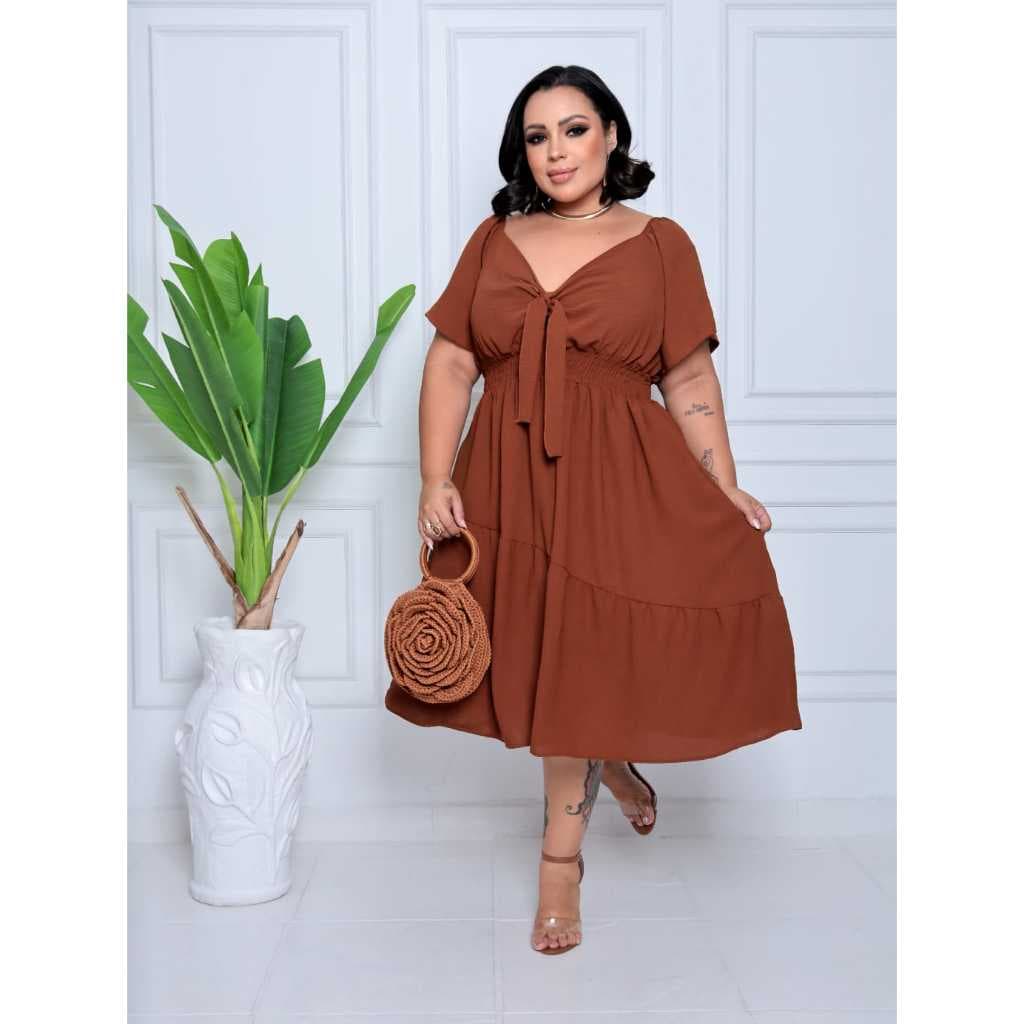 Vestido Midi Plus Size Feminino Decote V e Laço Tecido Duna Liso Com Elastex G2 G3 Ombro a Ombro Tendencia