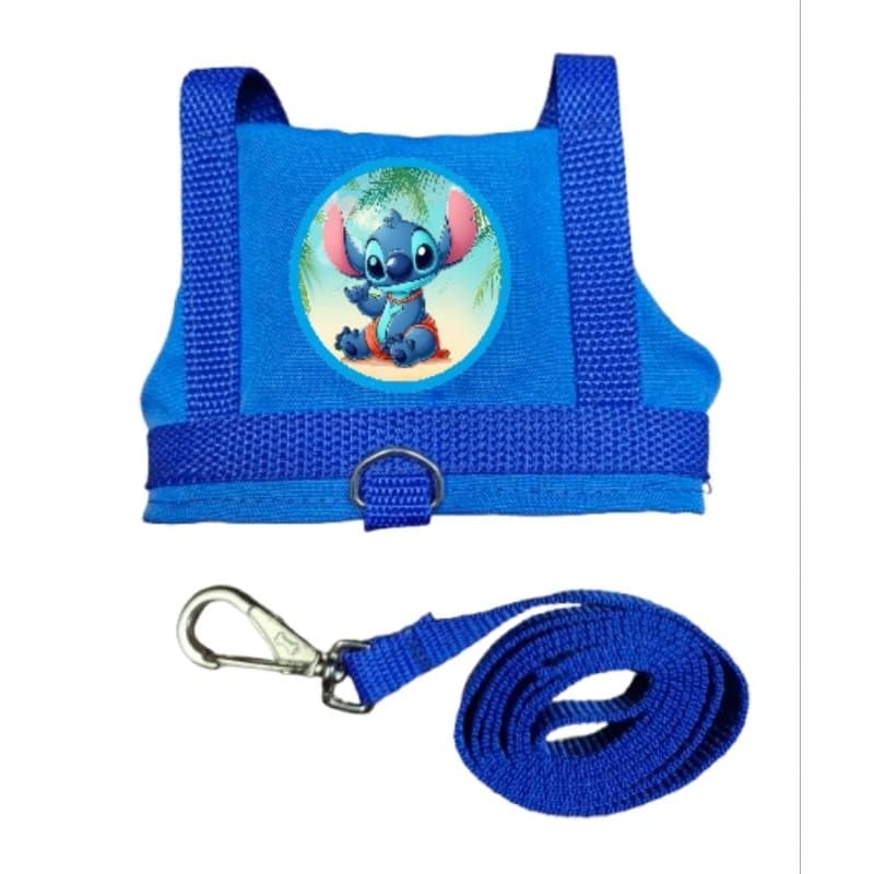 Coleira Peitoral Pet com Guia para Cachorro Macho Personagen Stitch