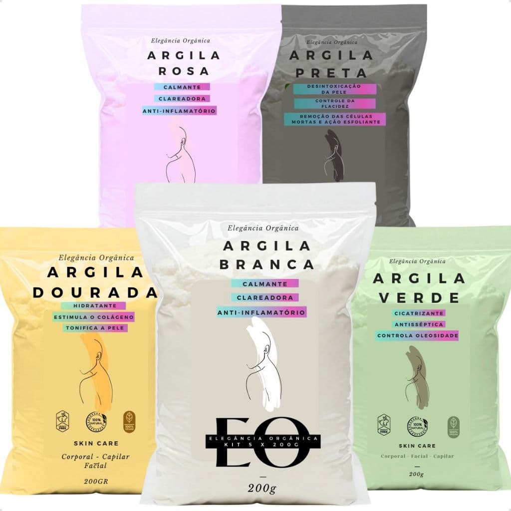 SkinCare Argila 1kg = 5x200gr de cada cor - VERDE - BRANCA - PRETA - ROSA - DOURADA 100% Pura