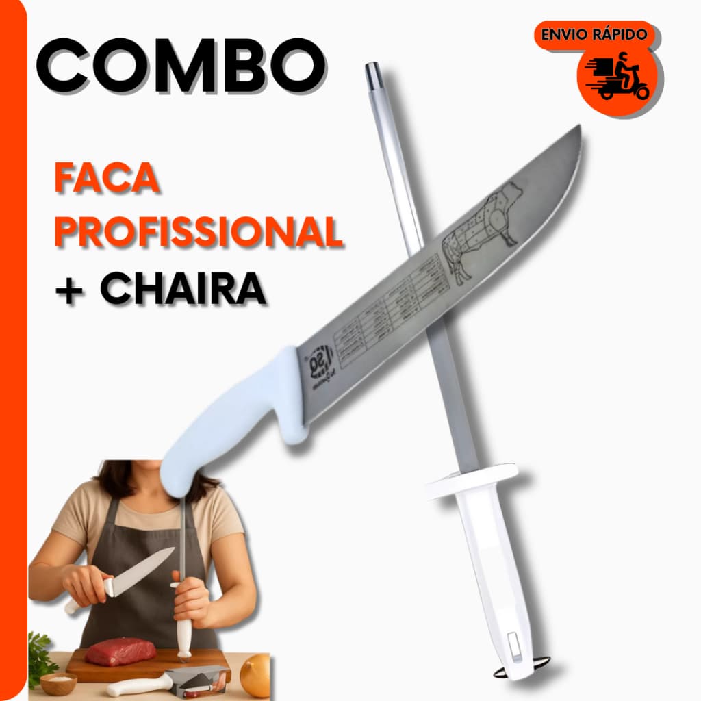 Kit Chaira + Faca 12” Cabo Branco | Afiador Profissional p/ Açougue, Churrascaria e Cozinha Premium