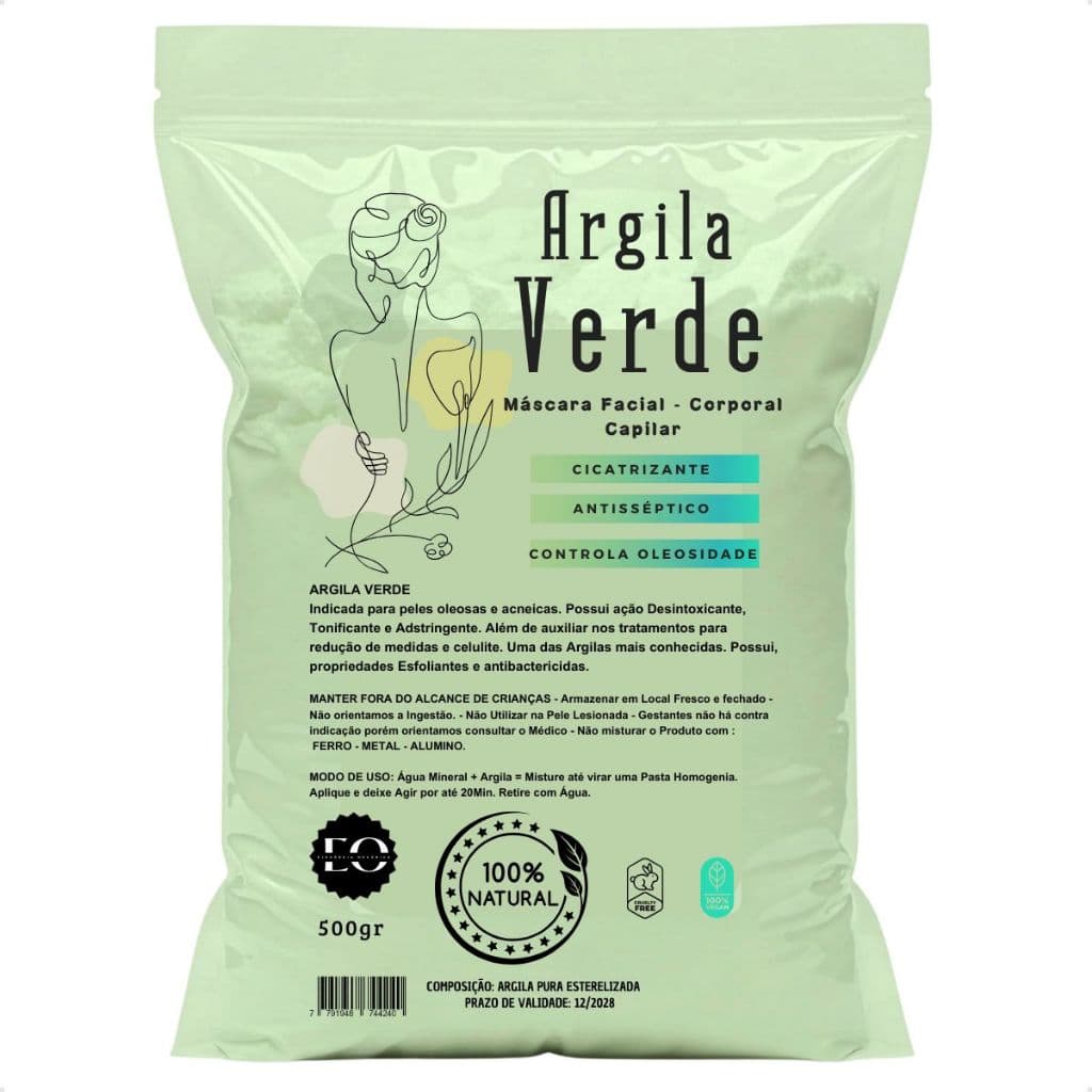 Mascara Facial Argila Verde 500g Skin care Todo Corpo Cabelo 100% Pura Controle Oleosidade Acne