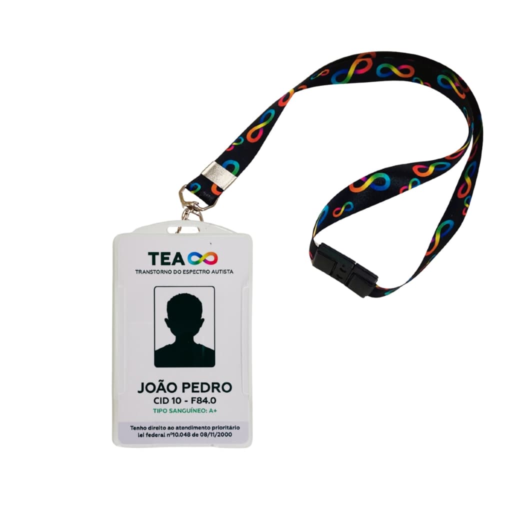 Crachá Autismo TEA com QR Code do Laudo + Cordão Infinito | Identificação Personalizada