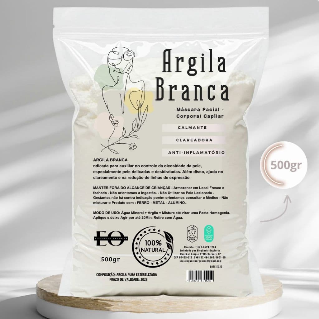 Mascara Facial Argila Branca 500g Skin Care Clareadora 100% Natural Proteção Colágeno
