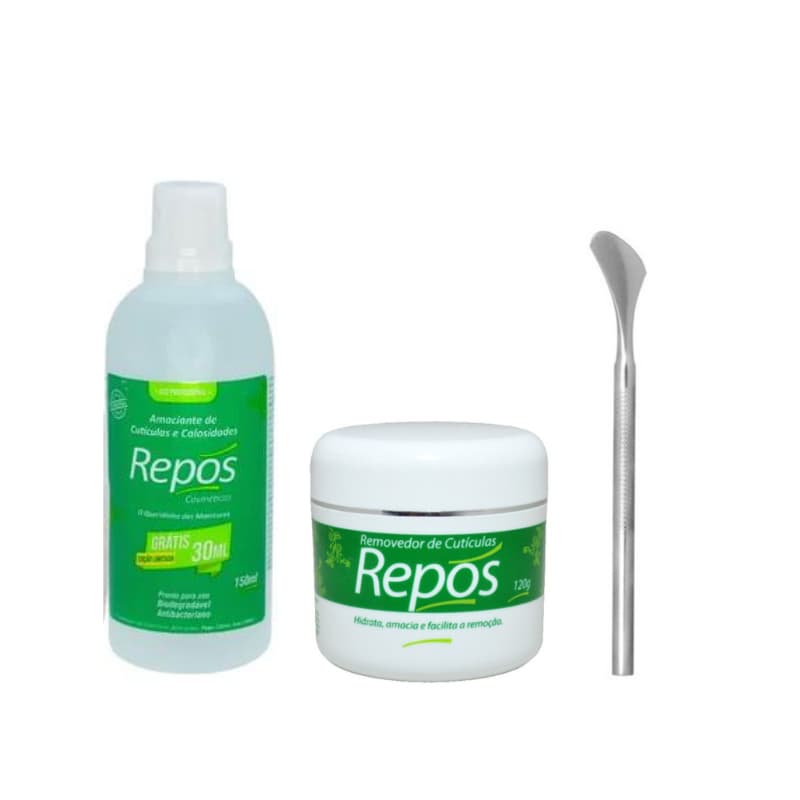 Amaciante Amolecedor Cutículas Calosidades Repos 150ml + Creme Removedor Repós 120gr + Espatula 222