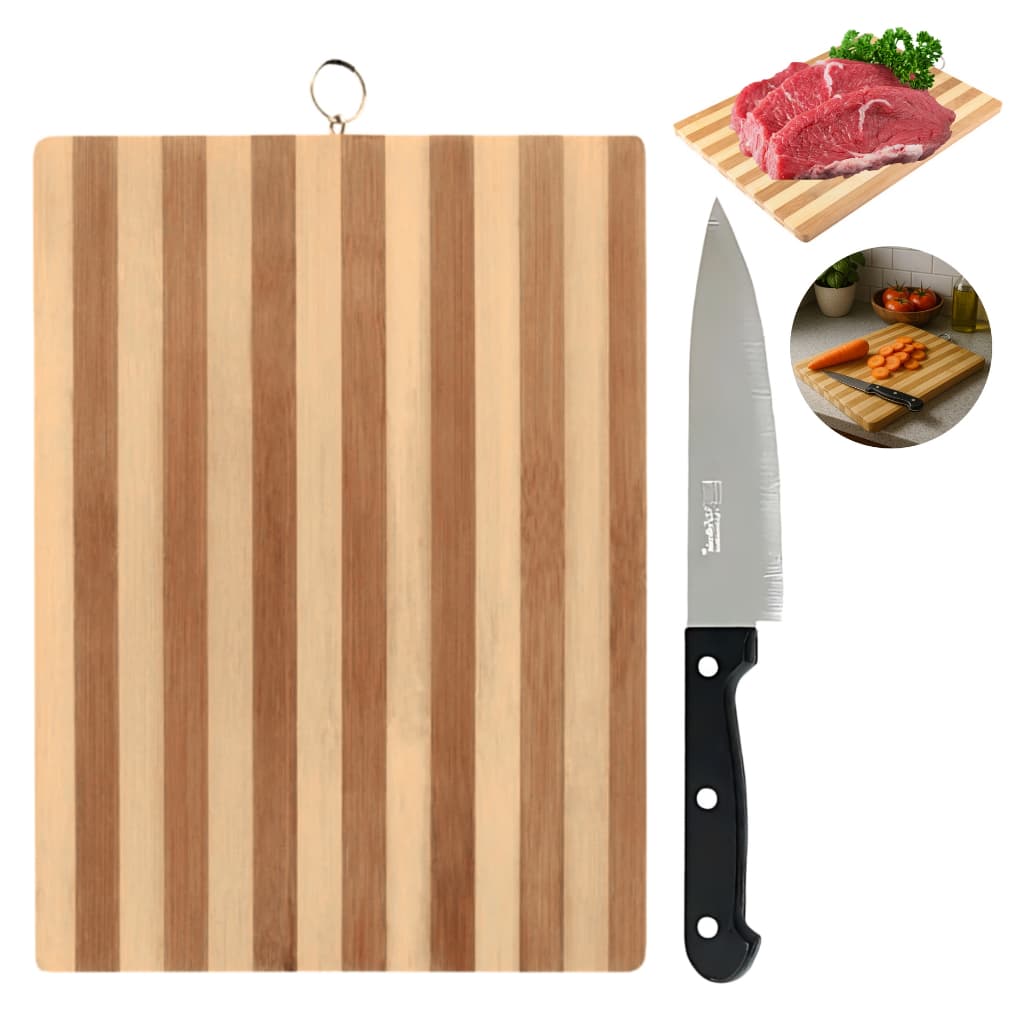 Conjunto de Tabua De Corte Bambu Com Faca de Corte 6'Pol Aço Inox Para Carnes Cortes Em Geral