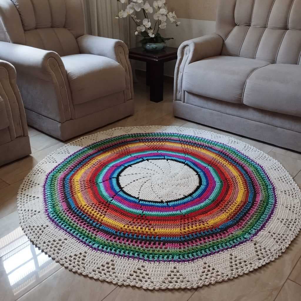 Tapete em Crochê Artesanal Redondo, Modelo Arco Iris
