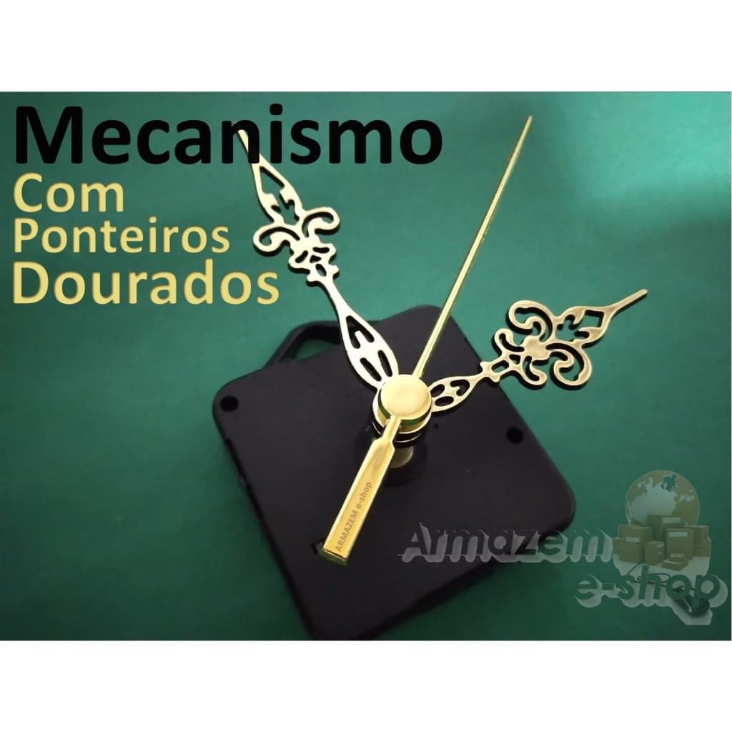 Mecanismo p/ relógio de parede primeira linha com ponteiros dourados com funcionamento a pilhas