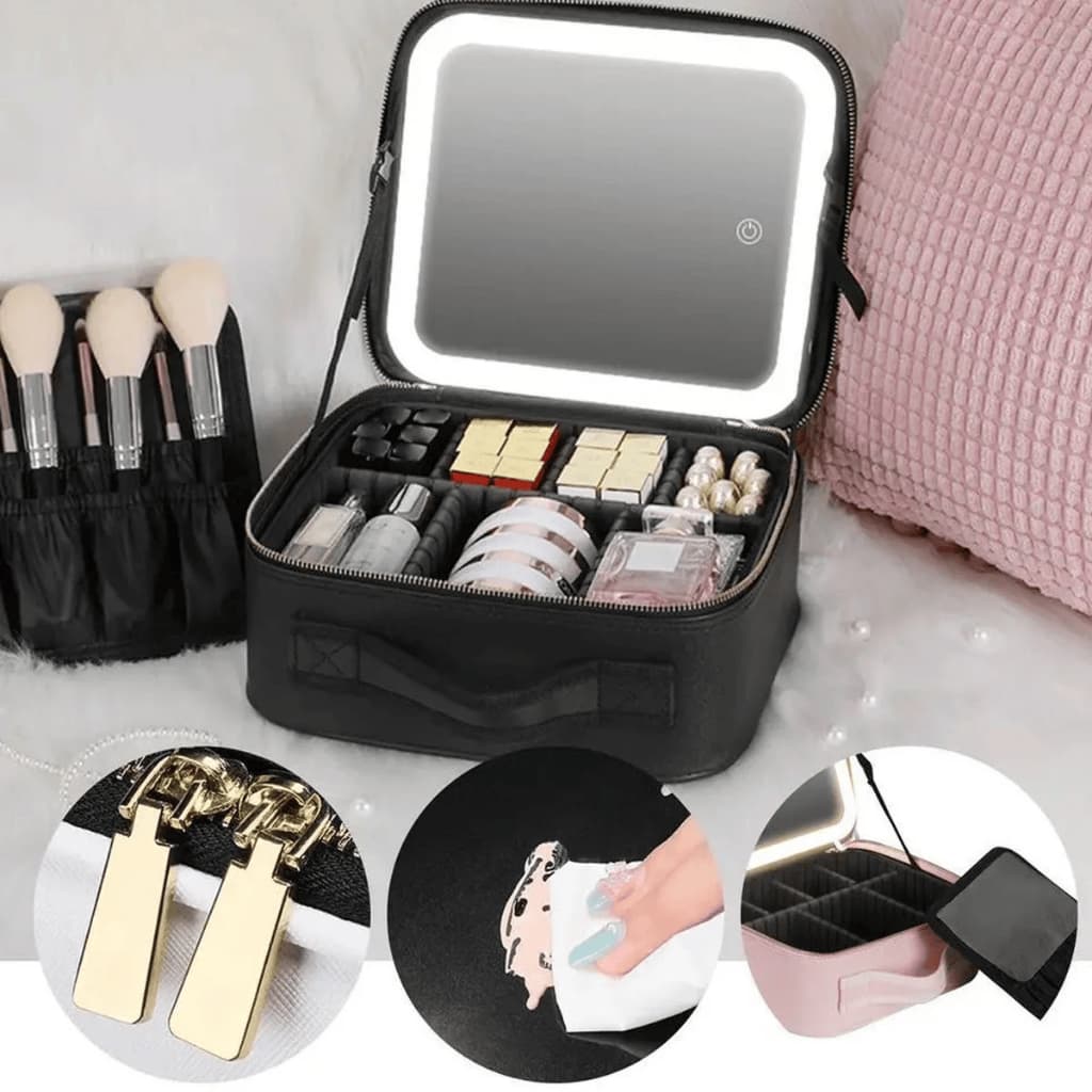 Necessaire Com Alça Espelho Portátil Para Maquiagens e Cosméticos