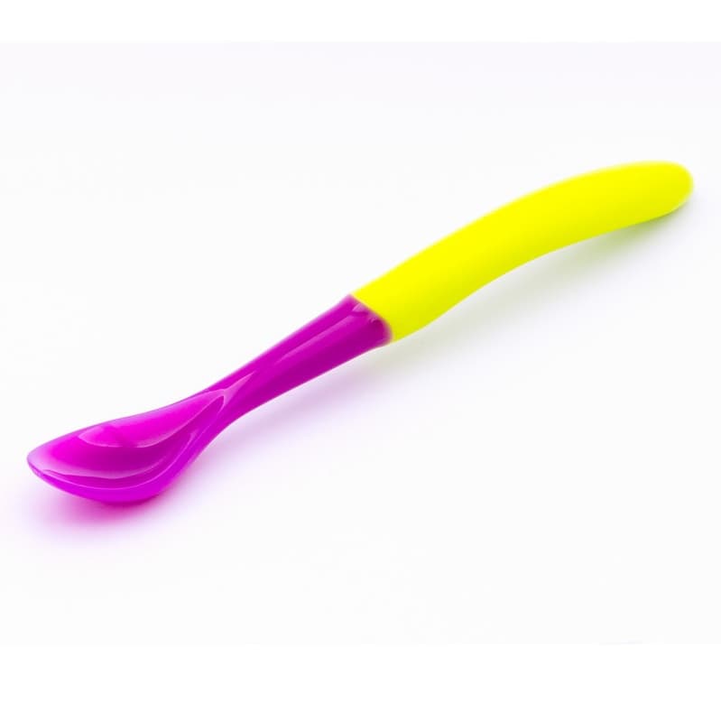 Colher Anatômica Térmica Colorida Infantil Cabo Verde Concha Roxa Bebê +3 Meses BPA Free Ibimboo