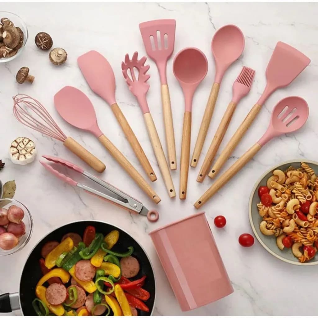 Conjunto Utensílios Silicone 8 Peças Espátula Concha Pegador Colher Garfo Faca Talheres Cozinha