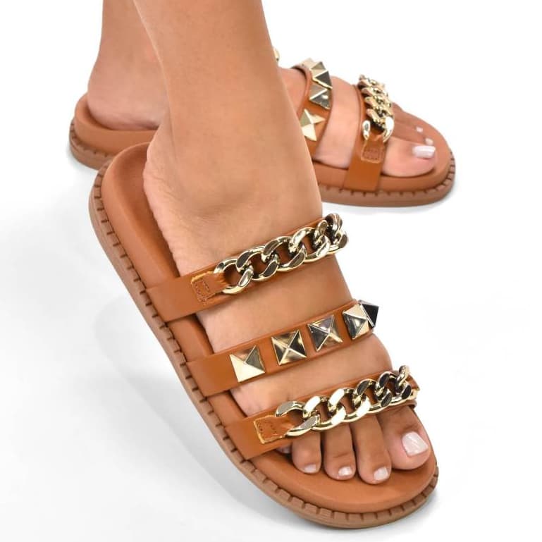 Birken Flat Feminina Papete Detalhe em Tiras e Correntes Dourado Confortável Leve Slide Verão Hope Shoes