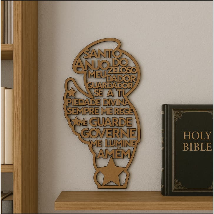 Placa Decorativa Oração Santo Anjo MDF Anjinho Parede Quarto Infantil Proteção Fé